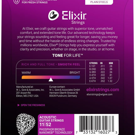 Elixir Strings, Acoustic Guitar Strings, Phosphor Bronze with NANOWEB Technology, Longest-Lasting Rich and Full Tone For Life with Comfortable Feel, 6 String Set, Custom Light 11-52