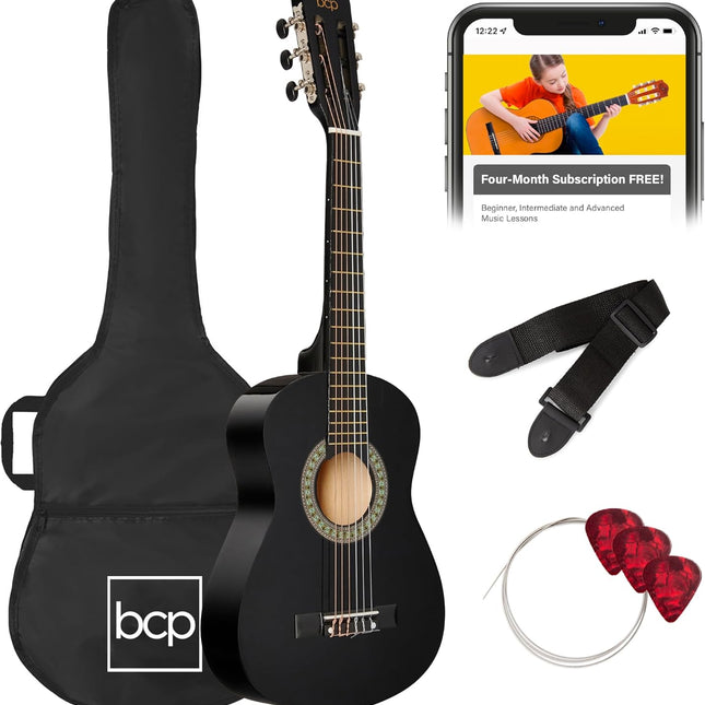 30in Kids Acoustic Guitar, All-in-One Beginner Starter Kit w/Strap, Case, Extra Strings, Rosette Inlay - Black