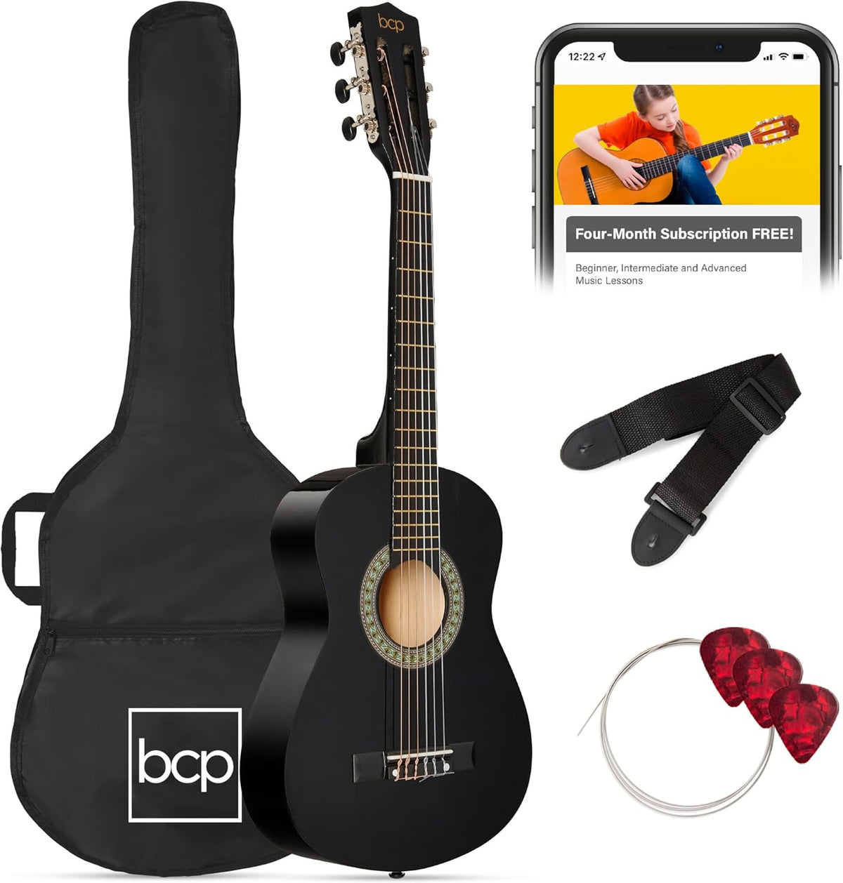 30in Kids Acoustic Guitar, All-in-One Beginner Starter Kit w/Strap, Case, Extra Strings, Rosette Inlay - Black