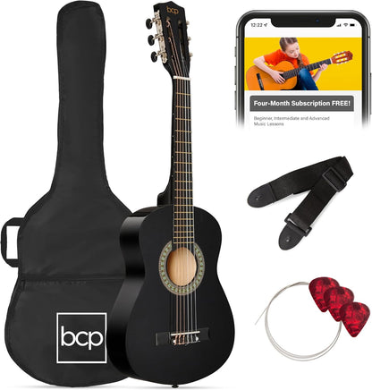 30in Kids Acoustic Guitar, All-in-One Beginner Starter Kit w/Strap, Case, Extra Strings, Rosette Inlay - Black
