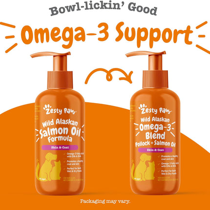 Zesty Paws Wild Alaskan Omega-3 Blend Pollock + Salmon Oil for Dogs and Cats- Skin and Coat Support, Omega 3 Supplement for Pets, 8.5oz