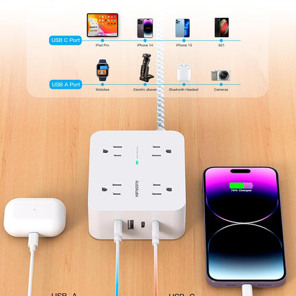 Surge Protector Power Strip - HANYCONY 8 Outlets 4 USB (2 USB C) Charging Ports, Multi Plug Outlet Extender, 5Ft Braided Extension Cord, Flat Plug Wall Mount Desk Charging Station for Home Office ETL