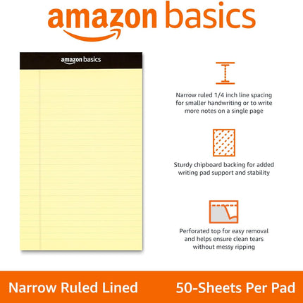 Amazon Basics 50-Sheet Narrow Ruled Lined Writing Note Pad, 5" x 8", 12-Pack, Canary, Perforated