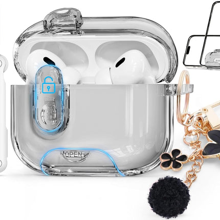 Clear Case for Airpods Pro 2 Case Cover with Safety Lock,Soft TPU Cover with Phone Stand & Cleaning Kit,Cute Bling Keychain for Women Girls-Clear Black