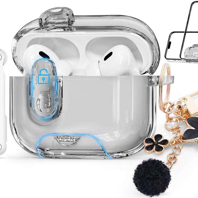 Clear Case for Airpods Pro 2 Case Cover with Safety Lock,Soft TPU Cover with Phone Stand & Cleaning Kit,Cute Bling