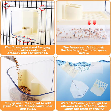 No Mess Automatic Bird Feeder with Hooks Hanging,2 in 1 Bird Bath for Cage,Multifunctional Bird Food Container Bathing Tubs,Parrot Seed Feeders Bird Cage Accessories for Budgies Lovebirds Cockatiels