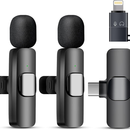 Wireless Microphone for iPhone iPad and Android Phone, 2 Pack Wireless Lavalier Lapel Mic with Noise Reduction, Plug and Play Mini Microphone for Video Recording Interview Podcast YouTube TikTok Vlog
