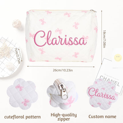 Personalized Large Quilted Makeup Bag with Embroidered Name, Custom Cotton Toiletry Cosmetic Pink Pouch, Monogram Travel Floral Organizer for Women Girl Bachelorette Party Birthday Christmas Gift
