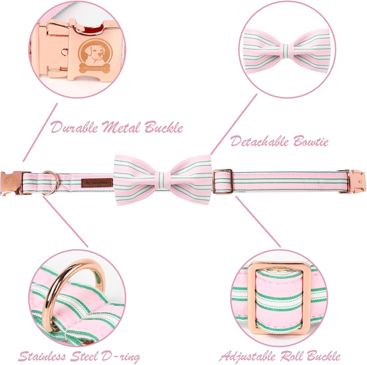 Pink Adjustable Dog Collar with Bowtie and Metal Buckle - photo 3