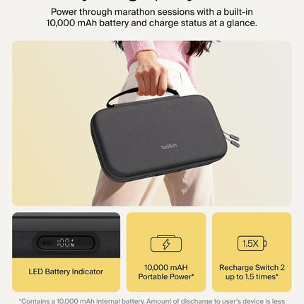 Belkin Charging Case Pro for Nintendo Switch 2, 10000mAh Power Bank, 30W Fast Charging w/Kick Stand - Custom Fit, Hard Shell Carrying Case, 12 Game Card Slots, AirTag Holder, Digital Display - Black