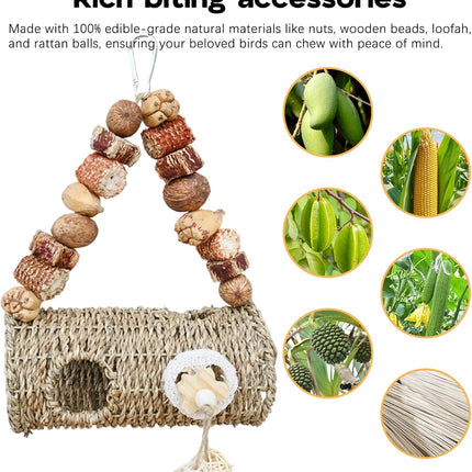 Bird Nest for Cage with Natural Chewing Toys,Hideaway Shelter Hut Parakeet Hanging Bird Tunnel Bed with Handwoven Breathable Seagrass , Small Parakeet Bed for Canary, Budgie Rest & Chew & Play(SD)