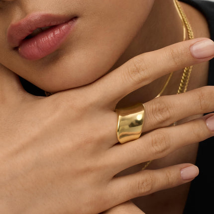 Anillo de Declaración Grueso Bañado en Oro de 14K para Mujer | Anillos Apilables Anchos de Acero Inoxidable