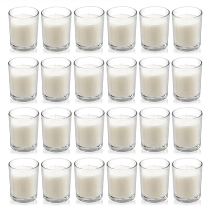 Paquete de 24 velas votivas de vidrio transparente con cera blanca cálida sin aroma. Velas de cera vertida a mano, regalos para aromaterapia, spa, bodas, cumpleaños, festivos y fiestas