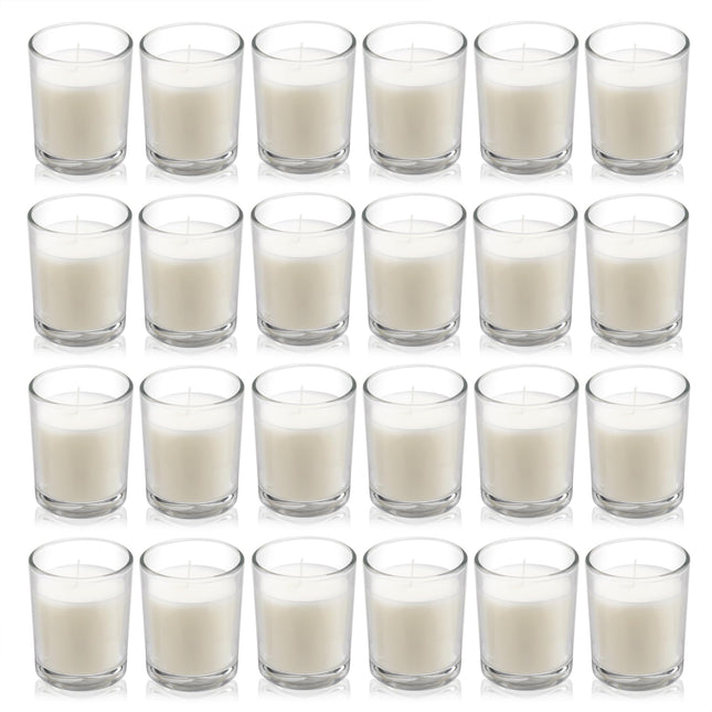 Paquete de 24 velas votivas de vidrio transparente con cera blanca cálida sin aroma. Velas de cera vertida a mano, regalos para aromaterapia, spa, bodas, cumpleaños, festivos y fiestas