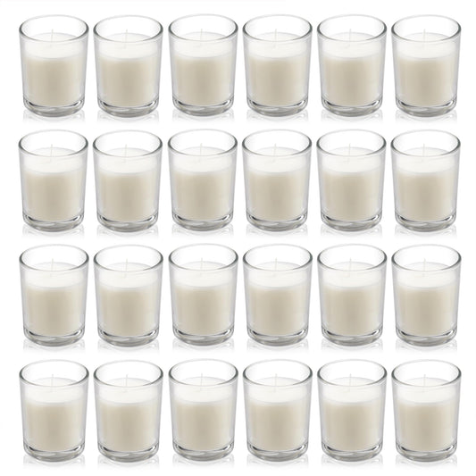 24 Pack Warm White Unscented Clear Glass Filled Votive Candles. Hand Poured Wax Candle Gifts for Aromatherapy Spa Weddings Birthdays Holidays