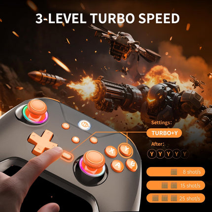 Wireless Gaming Controller, PC Controller for PC/Switch/P3/iOS/Android with 4 Programing Buttons, Hall Effect Trigger, RGB Lighting,1000mAh Battery, Turbo, Dual Vibration, Screenshot, Black+ Orange