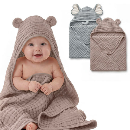 Muslin Baby Hooded Towel 2 Pack, Soft & Absorbent Bath Towel for Infant, Toddler, Unisex, Baby Gift, Newborn Essentials, Bear & Lamb