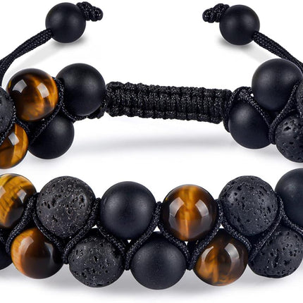 Triple Protection Bracelet for Men Women, Genuine Premium Tiger Eye Black Onyx and Lava Rock 8mm Handmade Bead Bracelet Healing Crystal Protection Bracelets Bring Luck and Prosperity and Happiness