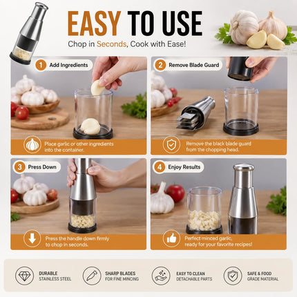 Manual Food Chopper, Stainless Steel Hand Press Vegetable and Garlic Mincer