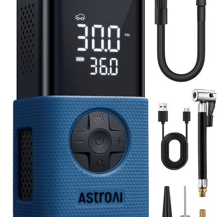 AstroAI Tire Inflator L7S Portable Air Compressor Cordless Bike Pump with Digital Dual Values Display, 150 PSI Car Tires Pump with LED Lights Air Pump for Cars, Motorcycles, Bikes, Balls Blue