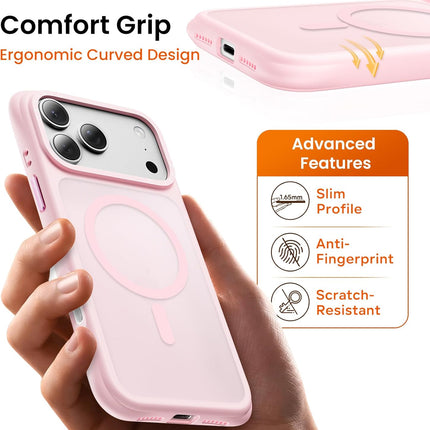 ORNARTO Magnetic for iPhone 17 Pro Max Case, 7X Military-Grade Drop Protection, Compatible with MagSafe, Slim Shockproof Translucent Matte Phone Case for iPhone 17 Pro Max 6.9", Chalk Pink