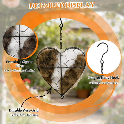 Handmade Alpaca Fiber Bird Nesting Heart–Refillable Natural Nesting Material Holder for Wild Birds,Hummingbirds&Chickadees,Winter Shelter&Garden Decoration,Spring and Summer Fowl Gifts for Bird Lovers