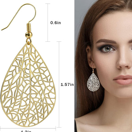 14K Gold Plated Silver Rose Gold Teardrop Filigree Dangle Earrings Lightweight Leaf Drop Earrings for Christmas Gift