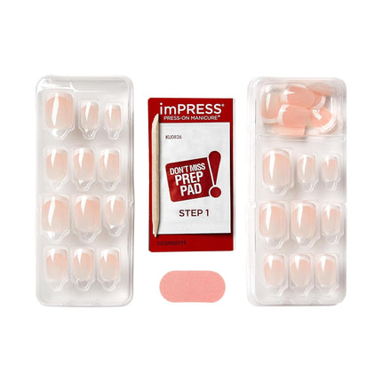 Kiss Impress No Glue Mani Press On Nails, Design, 'Chic French', Pink, Short Size, Squoval Shape, Includes 30 Nails, Prep Pad, Instructions Sheet, 1 Manicure Stick, 1 Mini File