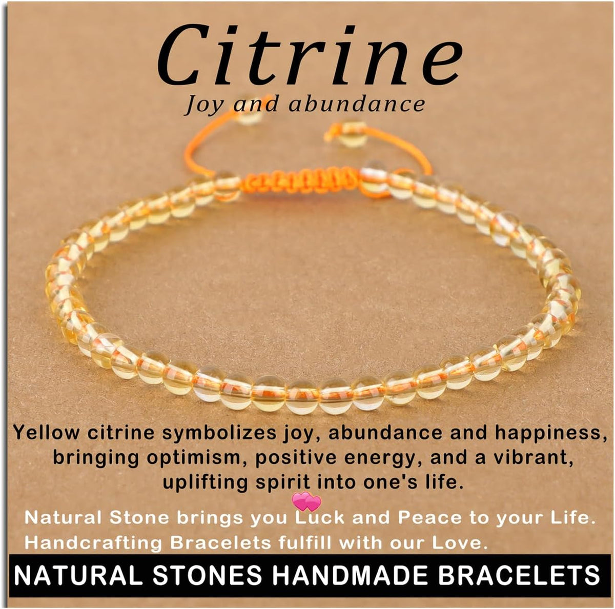 4mm Citrine Natural Stone Crystal Bracelet with Adjustable Macrame String