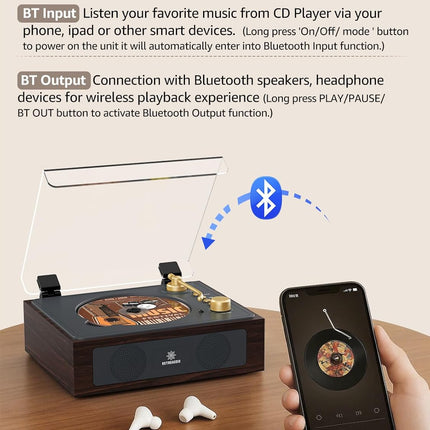 CD Player with Built-in Speakers Bluetooth Retro Portable CD Players for Home Music Player with Remote Control Headphone Jack Walnut Brown
