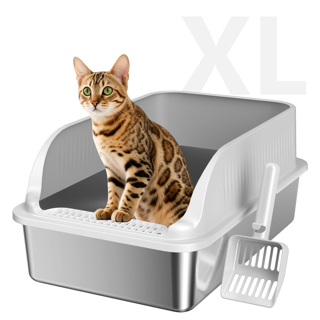 Arenero para gatos de acero inoxidable con tapa, arenero metálico XL de lados altos