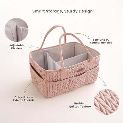 Konssy Braided Quilted Diaper Caddy Organizer, Boho Nursery Storage Basket with PU Leather Handles, Water-Repellent Portable Diaper Basket for Changing Table, Newborn Essentials (Blush)