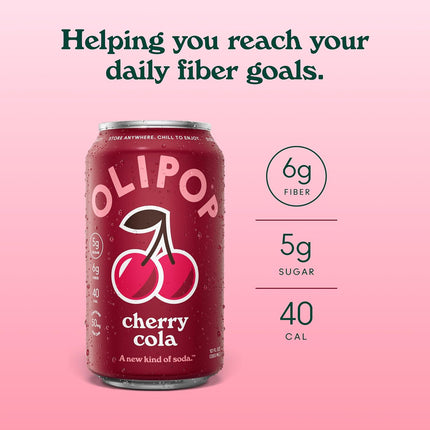 OLIPOP Prebiotic Soda Pop, Cherry Cola, Pantry Pack Packed with Prebiotics, Fiber, and Botanicals, Gluten Free, GMO Free, 12oz (12-Cans)