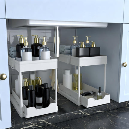 Under Sink Organizer 2 Pack, Bathroom Cabinet Organizer, 2 Tier Sliding Cabinet Basket Organizer Drawer, Multi-Purpose Bath Collection Baskets for Bathroom (Black)