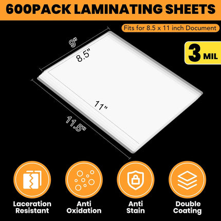 600 Pack 3 Mil Laminating Sheets, Holds 8.5 x 11 Inch Sheets,9 x 11.5 Inches Thermal Laminating Pouches for Laminator, Clear, Letter Size, Office and School Supplies