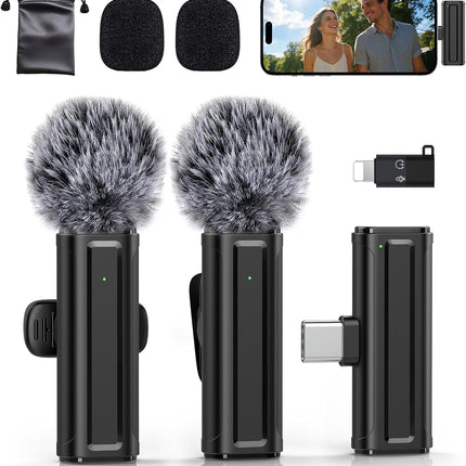 Wireless Mini Microphone for iPhone, iPad, Android, 2 Pack Lavalier Mic with 360° Rotatable Clip, Plug and Play Noise Reduction USB-C Mic for Video Recording YouTube TikTok Podcast Content Creators