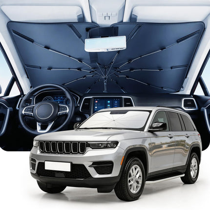 Umbrella Windshield Sun Shade for Car & SUV, Car Sunshade for Front Windshield [Nano Ice-Crystal Coatings] UPF50+ Heat & UV Block, Protect Interior & Keep Cooler Universal for Most of Sedan & SUV