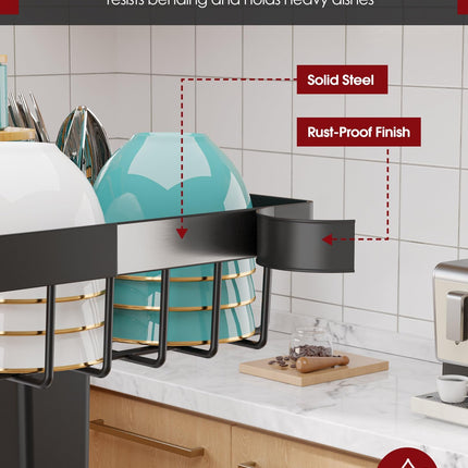 Over The Sink Dish Drying Rack - Adjustable 2 Tier Large Capacity Stainless Steel Drainer with Cutlery & Utensil Holders, Kitchen Storage & Organization, 30"-33.9" L x 11" W x 21.5" H, Black