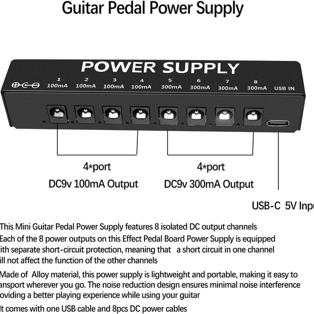 Guitar Pedal Power Supply for Effect Pedal, 8 Isolated DC Output for 9V Pedal, Super Mini - photo 2
