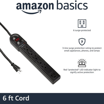 Amazon Basics Surge Protector Power Strip, 6-Outlet, 790 Joules, Circuit Breaker, LED Indicator Light, 6ft Extension Cord, Black