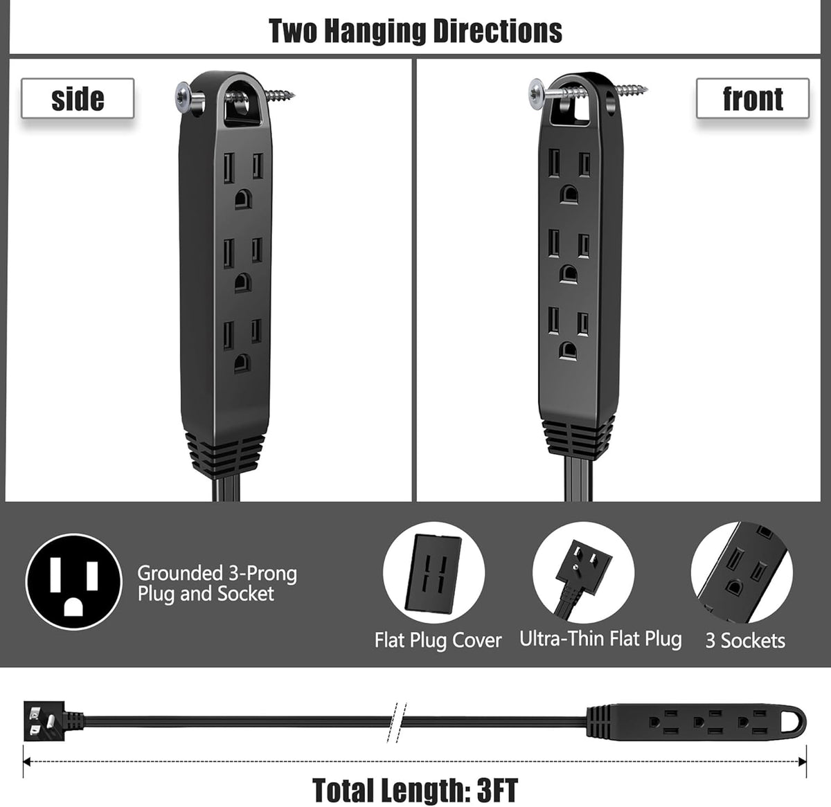 3FT Ultra Flat Plug Extension Cord Power Strip with 3 Outlets, Patented Detachable Ultra-Thin Outlet - photo 3