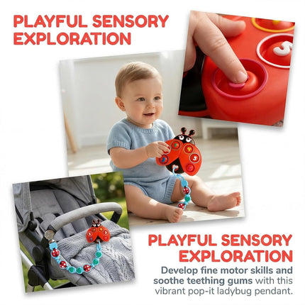 BIGSPINACH Teething Toy & Pacifier Clip Set,Ladybug Pop-It Teether & Pacifier Hold,Multi-Textured Chew Toy with Number Buttons for Early Learning, Baby Teething Relief (Red+Blue)