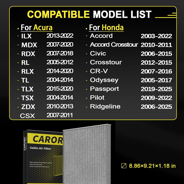 Activated Carbon Cabin Air Filter for Select 2003–2025 Vehicles