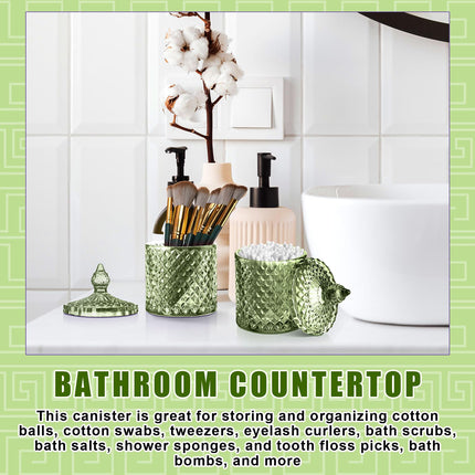 4 Pcs Crystal Glass Candy Jar Set with Lids Home Decorative Storage Jars for Apothecary, Bathroom, Kitchen, and Pantry, Ideal for Cotton Swabs and Jewelry (Medium,Green)