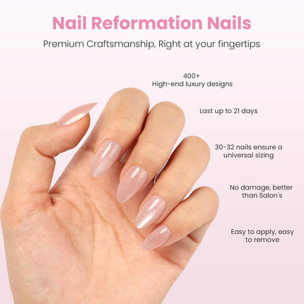 Nail Reformation Press On Nails, Soft Pink Short Almond Fake Nails with Velvet Cat Eye in Glossy Finish, Salon Quality, Reusable Stick On Nails in 16 Sizes - 32 Nail Kit with Glue, Gifts for Women
