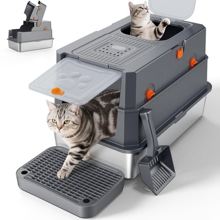 Stainless Steel Litter Box with Lid, Enclosed Metal Cat Litter Box