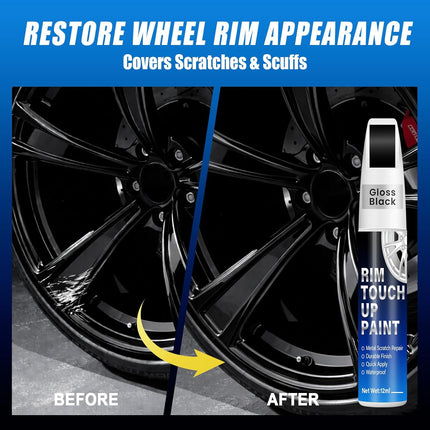Gloss Black Rim Touch Up Paint, 2-in-1 Brush & Tip, 0.4 fl oz - Universal Black Rim Curb Rash Repair Kit for Scratches, Scuffs Alloy/Metal Wheels, OEM Color Match, Quick-Dry & Long-Lasting