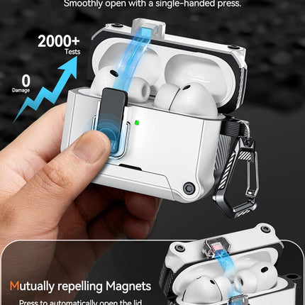 Dual Safety Lock for AirPods Pro 3 Case 2025, Compatible with MagSafe - Designed with Automatic Switch and Phone Stand, Includes a Cleaner & Keychain - Rugged Tough Hard Shell, White