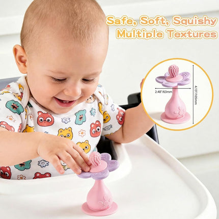 Baby Silicone Flower Teether & Rattle Toys for Babies 0-24 Months, Nipple-Shaped End for Sucking Needs - 360° Toothbrush Teether Head for Sore Gums, Stand-up Base, Flower Texture, Easy to Grip -Pink
