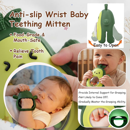 Baby Rattle Teething Toys Silicone Avocado Teething Mitten Sensory Toys for Grasping Chewing Sucking Hearing Needs-Baby Teether for Teething Relief-BPA Free Infant Toys Baby Shower Gifts (Green)